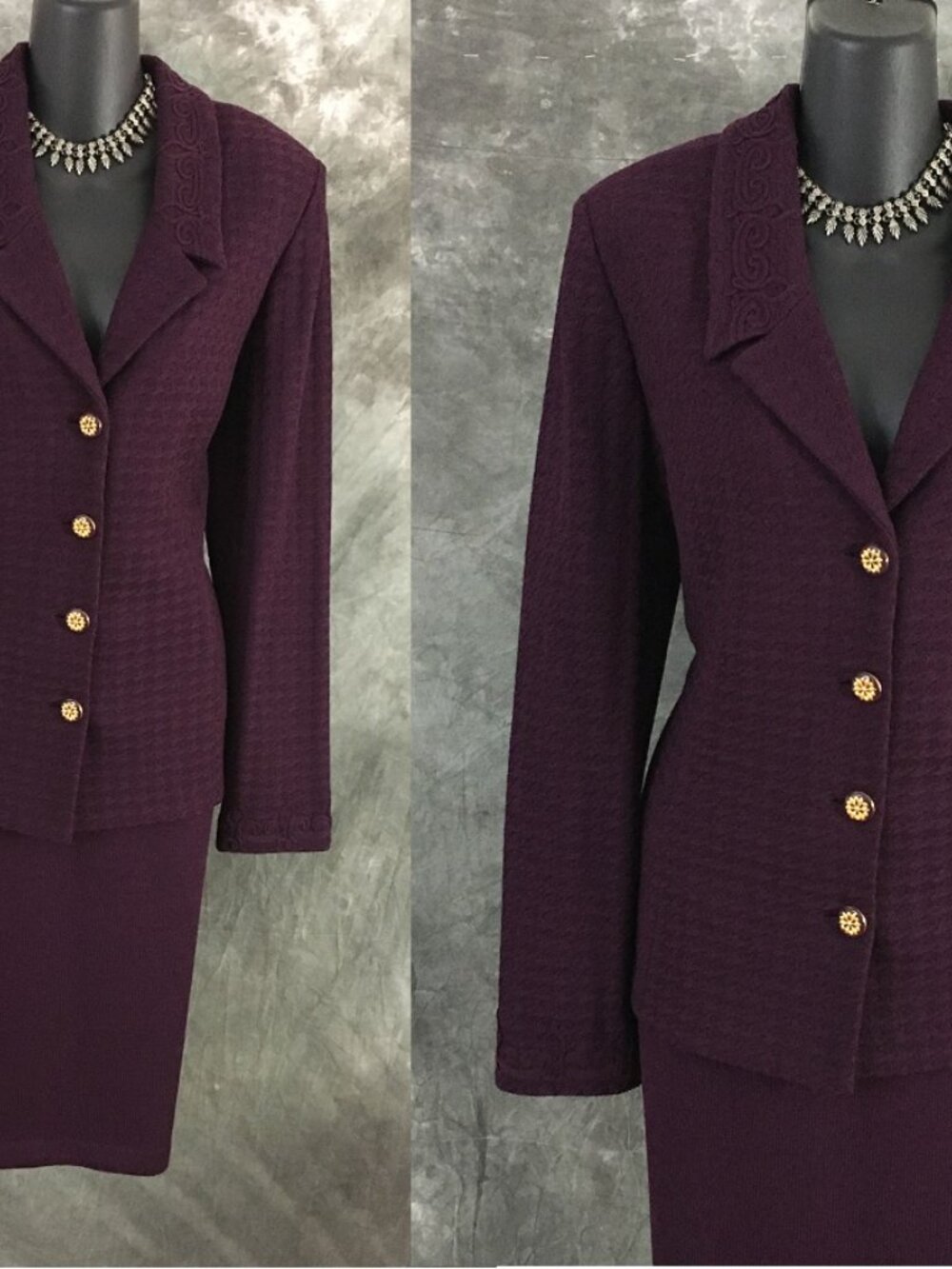 BEAUTIFUL st john collection knit wine purple jacket skirt suit size 10 12 - Picture 2 of 10